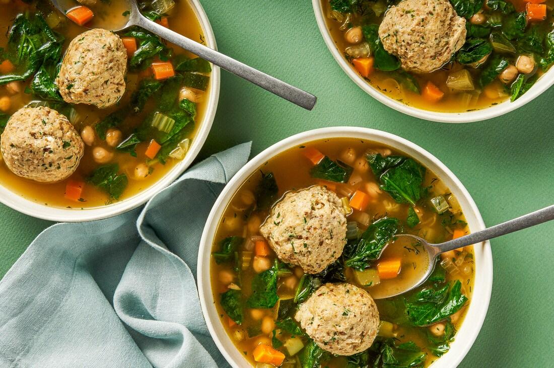 Matzoh Ball Soup With Vegetables, Chickpeas and Herbs